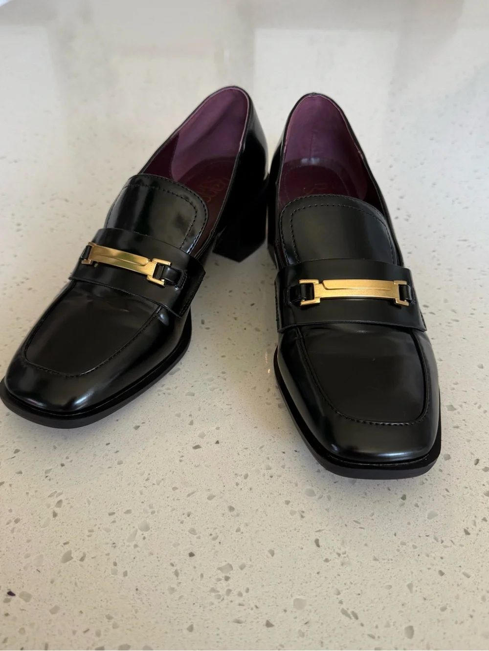 Franco Sarto Black Leather Loafers with Gold Hardware